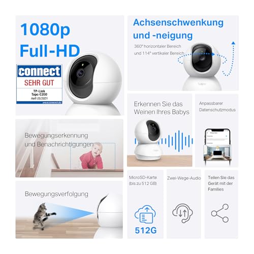 Tapo TP-Link C200 360°-WLAN-Überwachungskamera für den Innenbereich, FHD 1080P, Nachtsicht, Bewegungserkennung, Zwei-Wege-Audio, kompatibel mit Alexa und Google Assistant, für Babys/Haustiere - 2