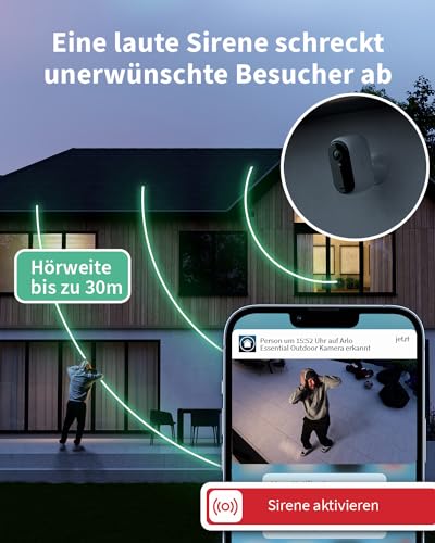 Arlo Essential 2 2K Akku Überwachungskamera Aussen WLAN, Kabellos, 2K HD Video, Farbnachtsicht, Licht, Bewegungsmelder, Sirene, 2-Wege Audio, mit Arlo Secure Plan Testzeitraum, weiß, 1 Kamera - 7