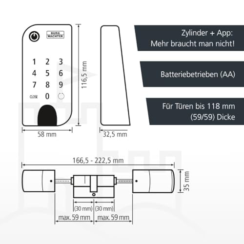 BURG-WÄCHTER Elektronisches Türschloss, Zylinder und Keypad, Öffnung mit App, Pincode oder Funkschlüssel, ENTRYeasy 7601 PIN, Schwarz/Edelstahl Tastenfeld - 2