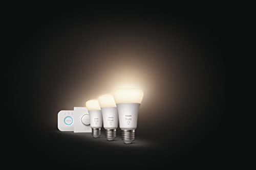 Philips Hue White E27 3er Starter Set inkl. Smart Button und Bridge, 3x1055lm, warmweißes Licht, dimmbar, steuerbar via App, kompatibel mit Amazon Alexa (Echo, Echo Dot) - 3