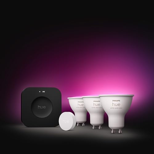 Philips Hue Starter Kit: Bridge Pro + 3 GU10 Smarte Glühbirnen + Smart Button, White and Color Ambiance, Smart Light Hub, kompatibel mit Alexa, Google Assistant, Samsung SmartThings, Apple Home - 3