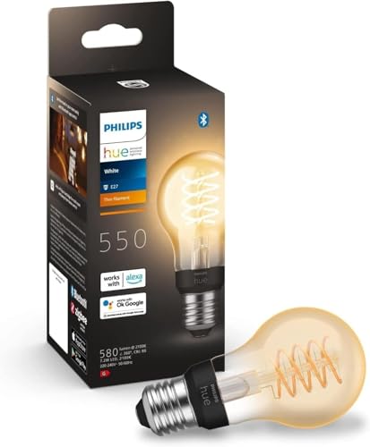 Philips Hue Starterpaket E27 mit 3 Filament-Standardlampen A60, Warmweißes Licht, Hue Bridge und Dimmschalter - White Filament Smarte Lichtsteuerung über Sprache und App - 3