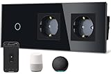 TAWOIA Smart Wlan Touch Lichtschalter(Neutralleiter erforderlich) mit Dual Normaler Steckdose Glasscheibe,Alexa Sprachsteuerung,Work mit Smart Life und Tuya APP,1Fach 1Weg Schwarz